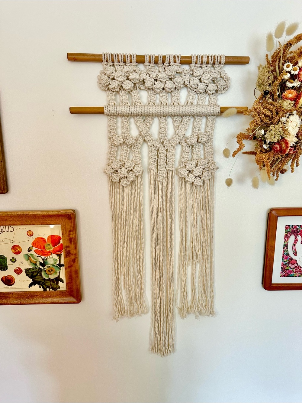 Hand Crafted Cream Macramé Wall Tapestry on Bamboo